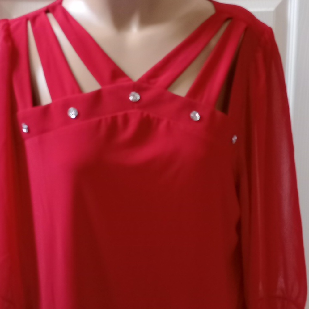 Adele & May Vibrant Red Blouse w/ Strap Detail & Rhinestones | XL - Picture 4 of 10